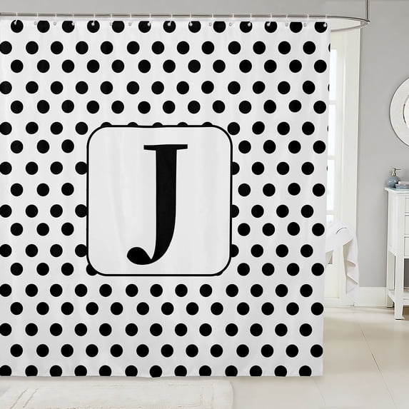 Manfei Aesthetic Dot Initial J Shower Curtain 72Wx72L,Modern Artwork Bathroom Curtain,White Black