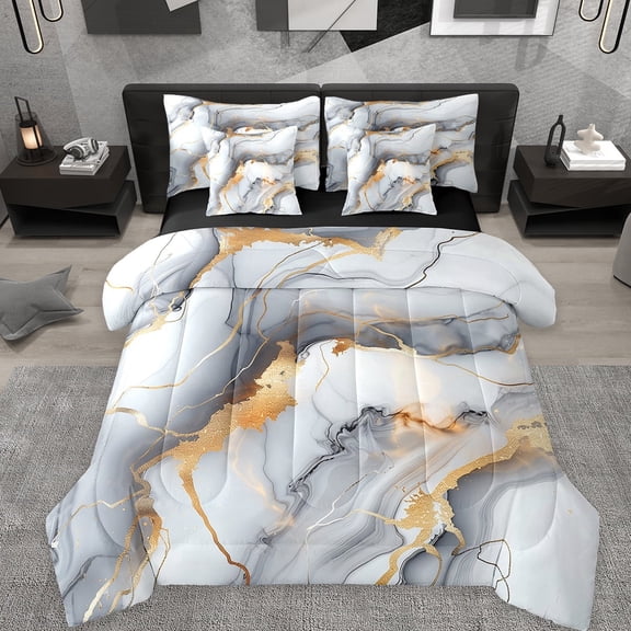 Manfei Aesthetic Geometric Art 7-Piece Bedding Comforter Set,Abstract Marble Texture King Bedding Sets,Gray Fluid Art Bed Sheets For Children,Lightweight Room Decor Reversible