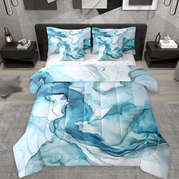 Manfei Aesthetic Geometric Art 7 Pieces Bedding Comforter Set,Abstract Marble Texture Full Bedding Set,Blue White Fitted Sheet Flat Sheet For Children,Lightweight Room Decor