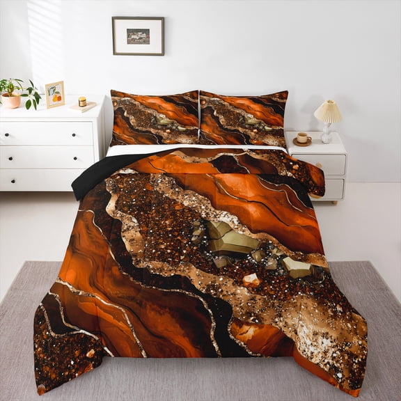 Manfei Aesthetic Geometric Art Bedding Comforter Set,Abstract Marble Texture Twin Comforter Sets,Orange Bling Print Bedding Set For Children,Lightweight Room Decor Reversible,2pcs