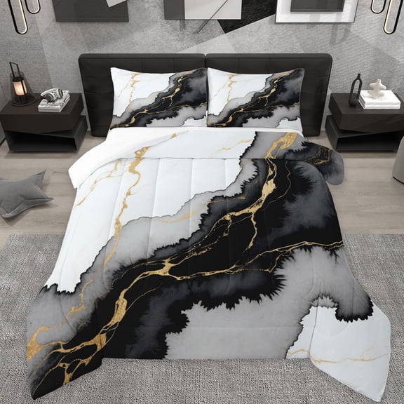 Manfei Aesthetic Geometric Art Full Size Comforter Sets,Abstract Marble Texture Bedding Comforter Set,Black Splatter Ink Bedding Sets For Children,Lightweight Room Decor,3 Pieces