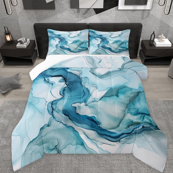 Manfei Aesthetic Geometric Art Full Size Comforter Sets,Abstract Marble Texture Bedding Comforter Set,Blue White Bedding Sets For Children,Lightweight Room Decor,3-Piece