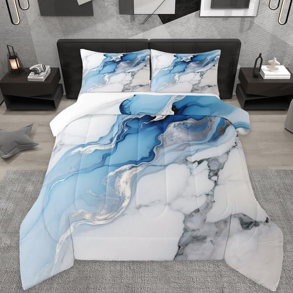 Manfei Aesthetic Geometric Art Queen Comforter Set,Abstract Marble Texture Bedding Sets,Blue Splatter Ink Bedding Comforter Set For Children,Lightweight Room Decor,3-Piece