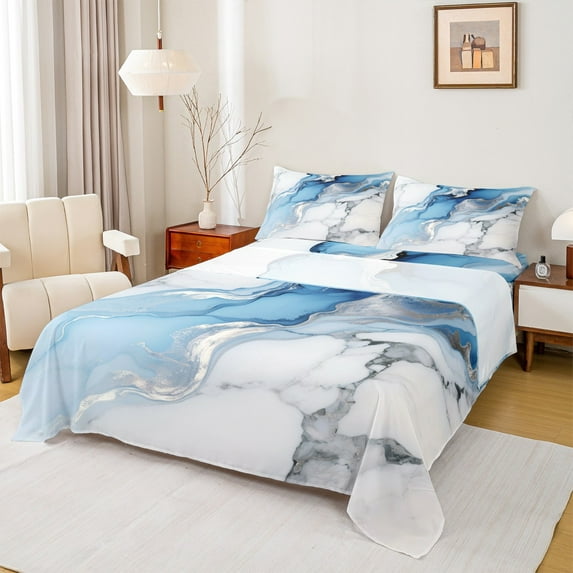 Manfei Aesthetic Geometric Art Queen Sheet Sets,Abstract Marble Texture Flat Sheet,Blue Splatter Ink Queen Fitted Sheet For Children,Lightweight Room Decor,4-Piece