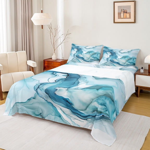 Manfei Aesthetic Geometric Art Queen Sheet Sets,Abstract Marble Texture Flat Sheet,Blue White Queen Fitted Sheet For Children,Lightweight Room Decor,4 Pieces