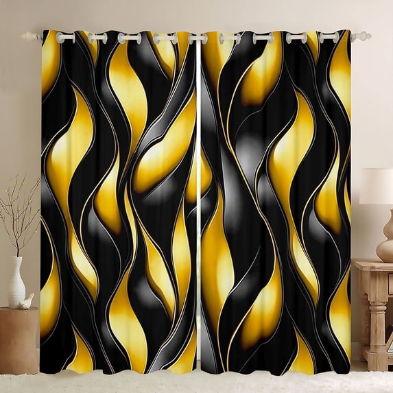 Manfei Aesthetic Geometric Blackout Curtains, Black Gold Wavy Stripes Curtains Pack of 2 (42x84 Each)