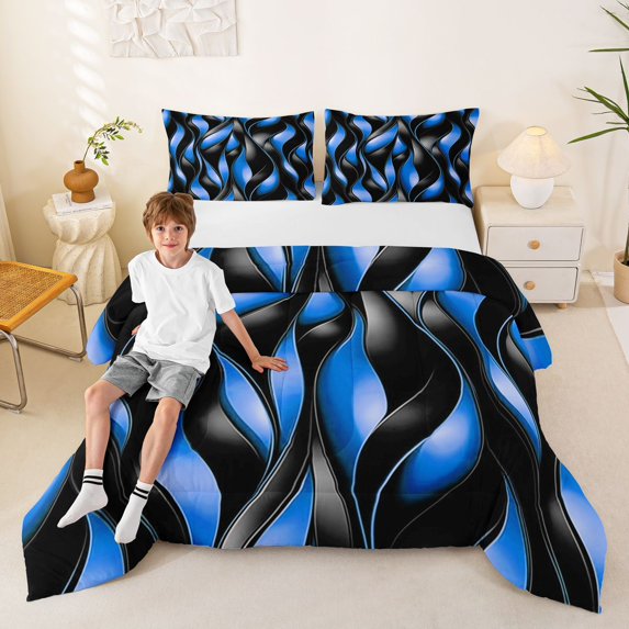 Manfei Aesthetic Geometric Full Size Comforter Sets, Black Blue Wavy Stripes Bedding Comforter Set, Black Reversible 3-Piece, 1 Comforter and 2 Pillowcases