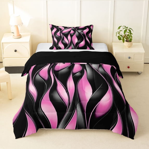 Manfei Aesthetic Geometric Twin Comforter Sets, Black Pink Wavy Stripes Bedding Set, Black Reversible 2-Piece, 1 Comforter and 1 Pillowcase