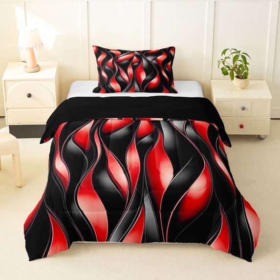 Manfei Aesthetic Geometric Twin Comforter Sets, Black Red Wavy Stripes Bedding Set, Black Reversible 2pcs, 1 Comforter and 1 Pillowcase