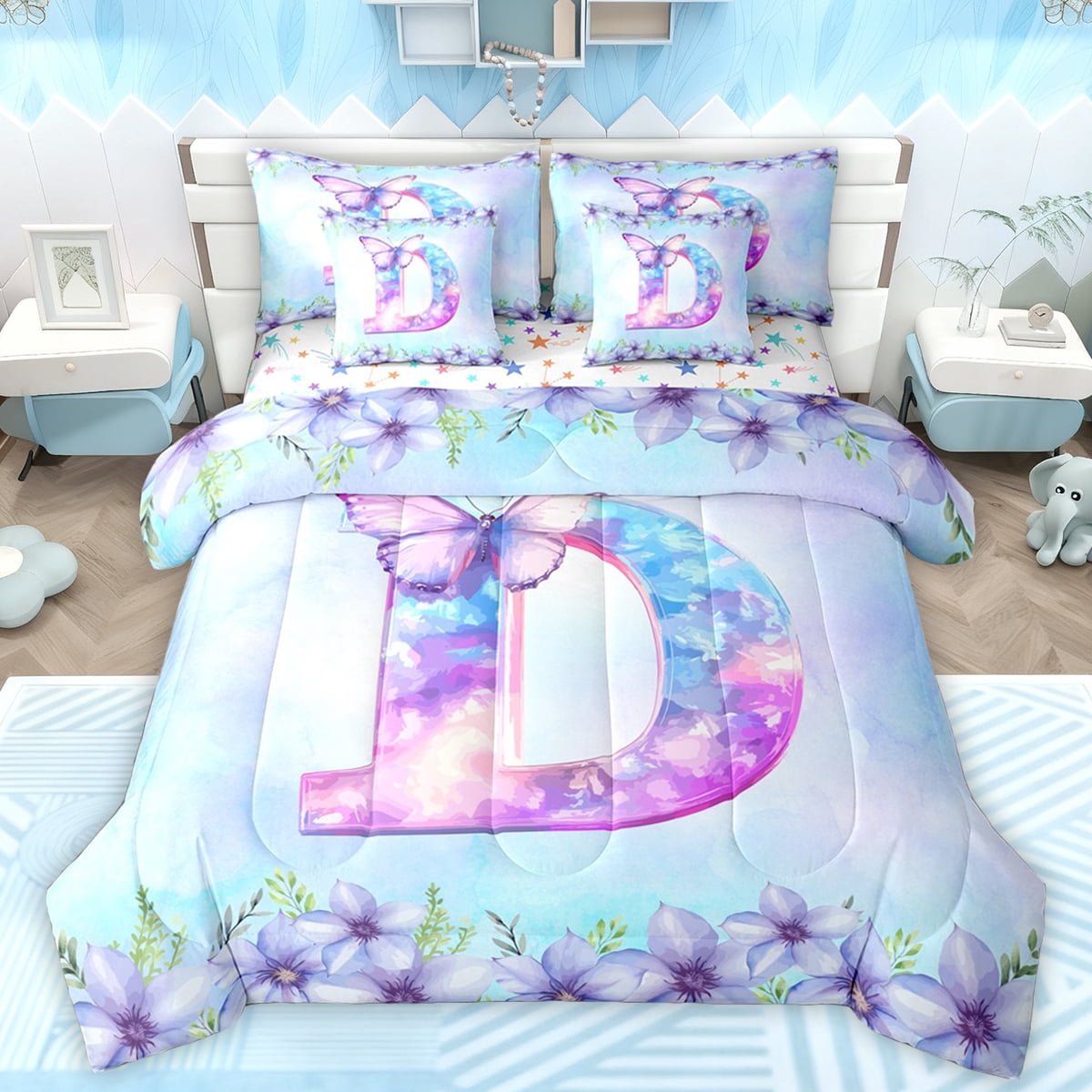 Manfei Aesthetic Letter D Bedding Comforter Set 7 Pieces for Kids, Blue ...
