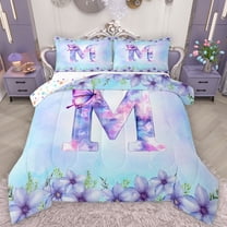 Manfei Aesthetic Letter M Bedding Comforter Set for Kids, Blue Kawaii Butterfly Twin Comforter Sets, Fairy Tale Princess Style Reversible Bedding Set, Breathable Home Decor, 2pcs