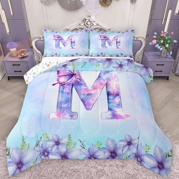 Manfei Aesthetic Letter M Bedding Comforter Set for Kids, Blue Kawaii Butterfly Twin Comforter Sets, Fairy Tale Princess Style Reversible Bedding Set, Breathable Home Decor, 2pcs