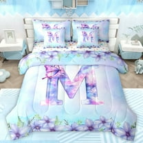 Manfei Aesthetic Letter M Twin Bedding Sets 7-Piece for Kids, Blue Kawaii Butterfly Bedding Comforter Set, Fairy Tale Princess Style Reversible Sheet Sets, Breathable Home Decor