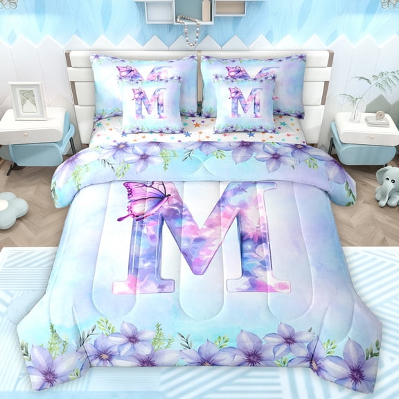 Manfei Aesthetic Letter M Twin Bedding Sets 7-Piece for Kids, Blue Kawaii Butterfly Bedding Comforter Set, Fairy Tale Princess Style Reversible Sheet Sets, Breathable Home Decor