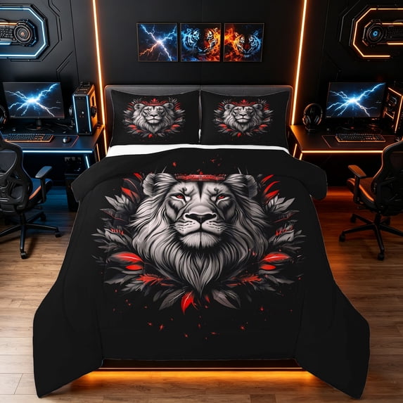 Manfei Aesthetic Lion King Size Comforter Sets, Maximalist Wildlife Comforters King Size, Black Red, Black Reversible, 3-Piece, 1 Comforter and 2 Pillowcases