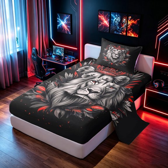 Manfei Aesthetic Lion Twin Sheets, Maximalist Wildlife Bedding, Black Red, 3-Piece, 1 Flat Sheet, 1 Fitted Sheet and 1 Pillowcase