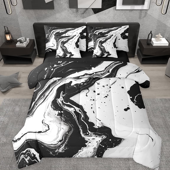 Manfei Aesthetic Marble 7-Piece Bedding Comforter Set,Luxury Style King Bedding Sets,Black Splash Ink Bed Sheets For Teens,Breathable Bedroom Decor Reversible