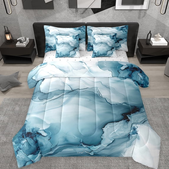 Manfei Aesthetic Marble 7-Piece Bedding Comforter Set,Luxury Style King Bedding Sets,Blue Splash Ink Bed Sheets For Teens,Breathable Bedroom Decor