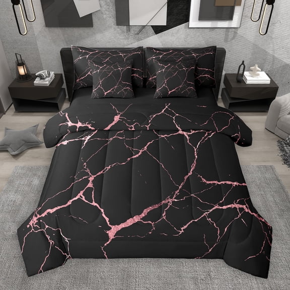Manfei Aesthetic Marble 7-Piece Bedding Comforter Set,Modern Fluid Art King Bedding Sets,Pink Black Bed Sheets For Adult,Breathable Bedroom Decor Reversible