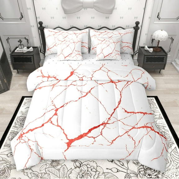 Manfei Aesthetic Marble 7-Piece Bedding Comforter Set,Modern Fluid Art King Bedding Sets,Red White Bed Sheets For Adult,Breathable Bedroom Decor