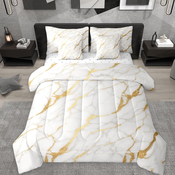 Manfei Aesthetic Marble 7-Piece Twin Bedding Sets,Modern Luxury Style Bedding Comforter Set,Gold White Sheet Sets For Teens,Breathable Bedroom Decor