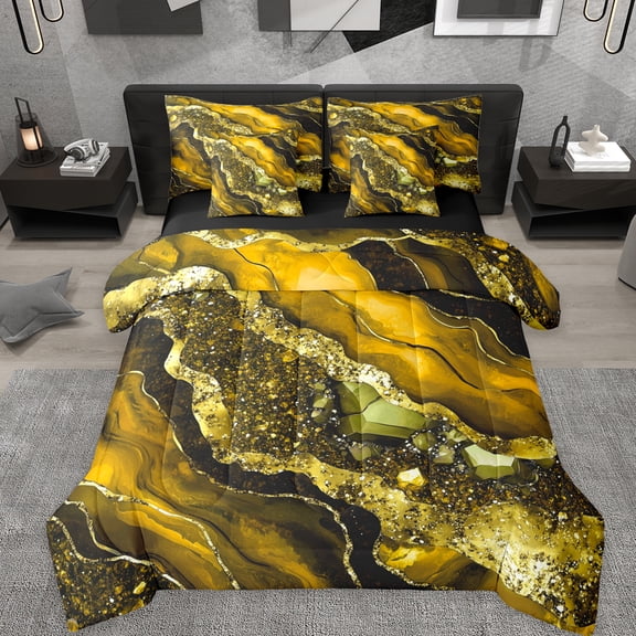 Manfei Aesthetic Marble 7 Pieces Bedding Comforter Set,Luxury Style Full Bedding Set,Gold Black Fitted Sheet Flat Sheet For Teens,Breathable Bedroom Decor Reversible