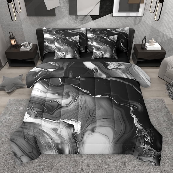 Manfei Aesthetic Marble 7 Pieces Bedding Comforter Set,Modern Fluid Art Full Bedding Set,Gray Black Fitted Sheet Flat Sheet For Adult,Breathable Bedroom Decor Reversible