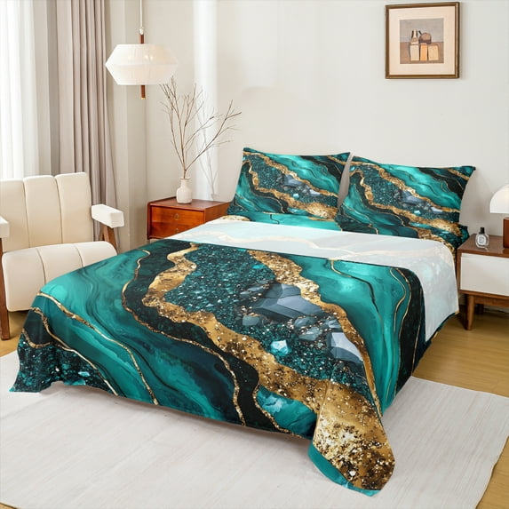 Manfei Aesthetic Marble Bed Sheets,Luxury Style King Sheets,Cyan Gold Sheet Set For Teens,Breathable Bedroom Decor,4pcs