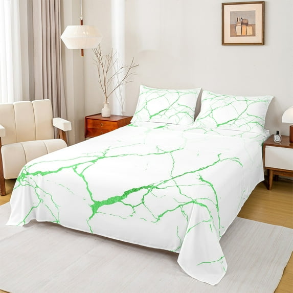 Manfei Aesthetic Marble Bed Sheets,Modern Fluid Art King Sheets,Green White Sheet Set For Adult,Breathable Bedroom Decor,4-Piece