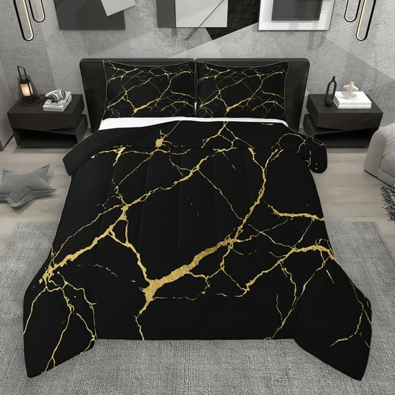 Manfei Aesthetic Marble Full Size Comforter Sets,Modern Fluid Art Bedding Comforter Set,Black Gold Bedding Sets For Adult,Breathable Bedroom Decor Reversible,3 Pieces