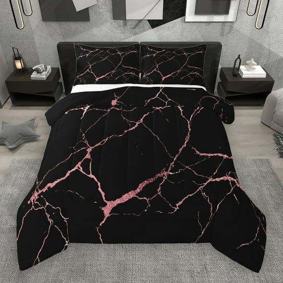Manfei Aesthetic Marble Full Size Comforter Sets,Modern Fluid Art Bedding Comforter Set,Pink Black Bedding Sets For Adult,Breathable Bedroom Decor Reversible,3pcs