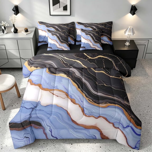 Manfei Aesthetic Marble King Bedding, Marbling Metallic King Bed in a Bag, Blue, Black and Gold, Black Reversible 7pcs