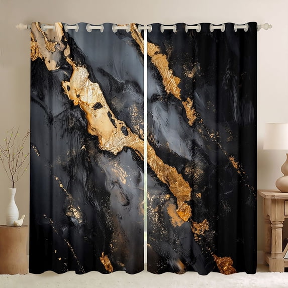Manfei Aesthetic Marble Kitchen Curtains, Foil Black Out Curtains Pack of 2 (42x63 Each), Black and Gold