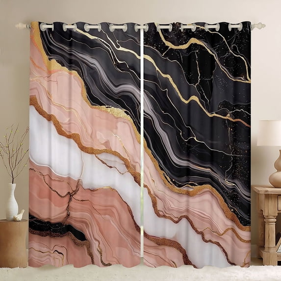 Manfei Aesthetic Marble Kitchen Curtains, Marbling Metallic Black Out Curtains Pack of 2 (42x63 Each), Pink, Black and Gold