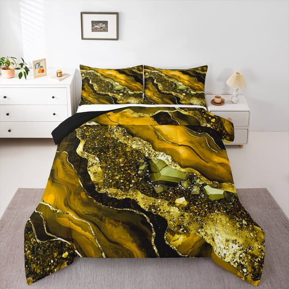Manfei Aesthetic Marble Queen Comforter Set,Luxury Style Bedding Sets,Gold Black Bedding Comforter Set For Teens,Breathable Bedroom Decor Reversible,3-Piece