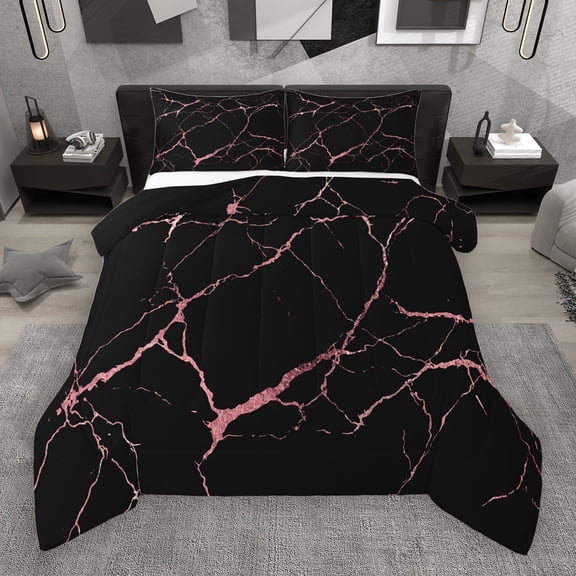 Manfei Aesthetic Marble Queen Comforter Set,Modern Fluid Art Bedding Sets,Pink Black Bedding Comforter Set For Adult,Breathable Bedroom Decor Reversible,3-Piece
