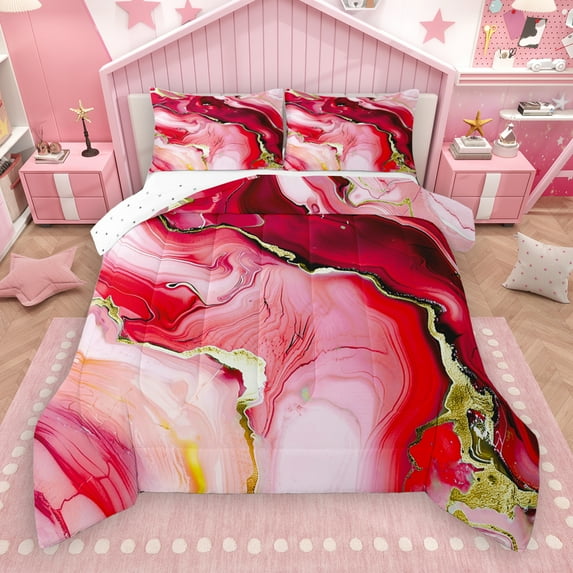 Manfei Aesthetic Marble Queen Comforter Set,Modern Fluid Art Bedding Sets,Red Gold Bedding Comforter Set For Adult,Breathable Bedroom Decor Reversible,3-Piece
