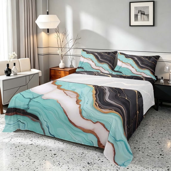 Manfei Aesthetic Marble Queen Sheets, Marbling Metallic Queen Sheet Sets, Teal, Black and Gold, Black Reversible 4 Pieces1 Flat Sheet + 1 Fitted Sheet + 2 Pillowcases