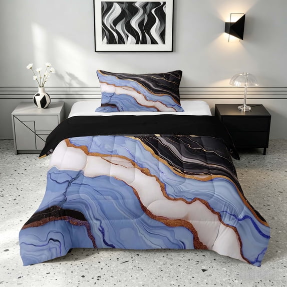 Manfei Aesthetic Marble Twin Comforter Sets, Marbling Metallic Bedding Set, Blue, Black and Gold, Black Reversible 2-Piece, 1 Comforter and 1 Pillowcase