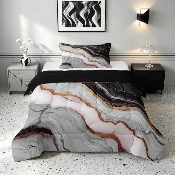 Manfei Aesthetic Marble Twin Comforter Sets, Marbling Metallic Bedding Set, Gray, Black and Gold, Black Reversible 2 Pieces, 1 Comforter and 1 Pillowcase