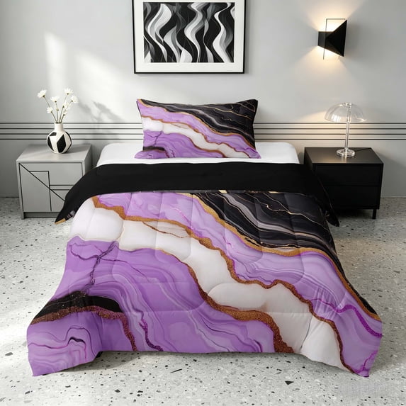 Manfei Aesthetic Marble Twin Comforter Sets, Marbling Metallic Bedding Set, Purple, Black and Gold, Black Reversible 2pcs, 1 Comforter and 1 Pillowcase