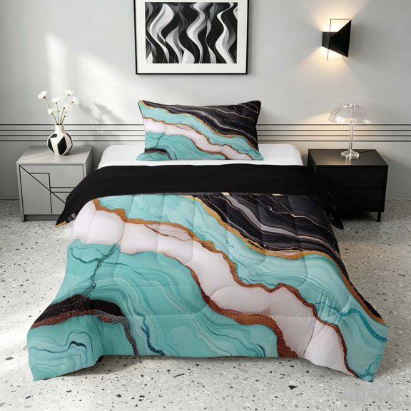 Manfei Aesthetic Marble Twin Comforter Sets, Marbling Metallic Bedding Set, Teal, Black and Gold, Black Reversible 2 Pieces, 1 Comforter and 1 Pillowcase