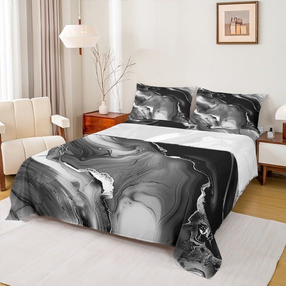 Manfei Aesthetic Marble Twin Sheet Sets,Modern Fluid Art Twin Fitted Sheet,Gray Black Flat Sheet For Adult,Breathable Bedroom Decor,3pcs