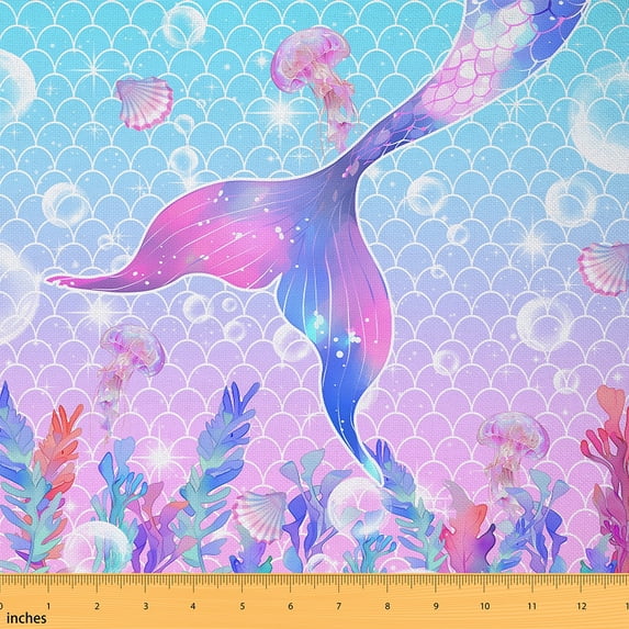 Manfei Aesthetic Mermaid Tail Fabric by the Yard (2 Yards), Dreamy Underwater World Decorative Fabric by the Yard, Fish Scales DIY Fabric