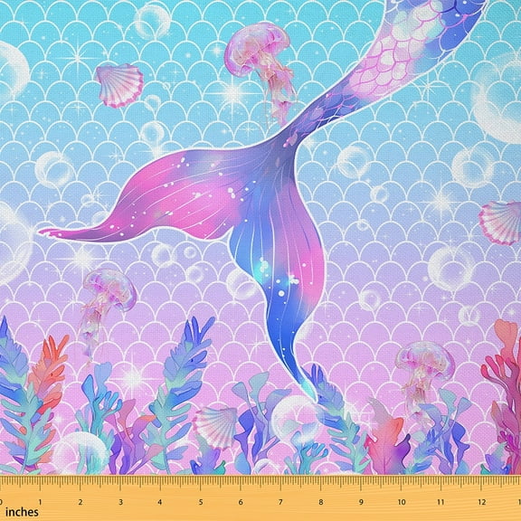 Manfei Aesthetic Mermaid Tail Sewing & Crafting Fabric (1 Yard), Dreamy Underwater World Home Decor Fabric by the Yard, Fish Scales DIY Fabric