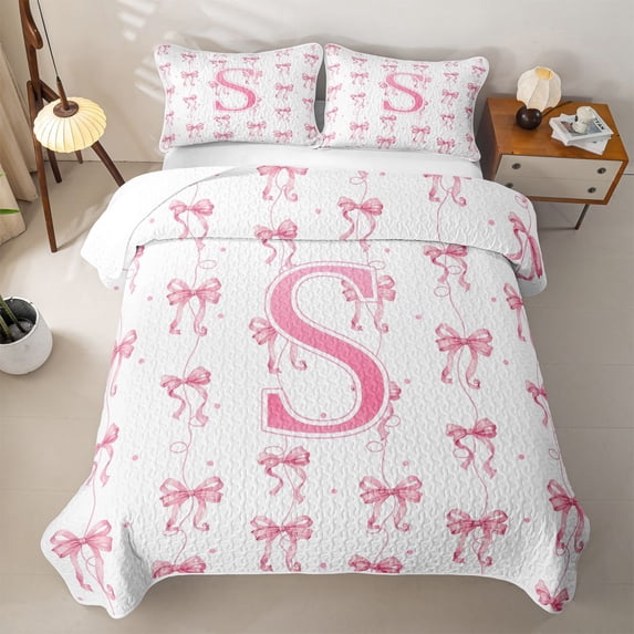 Manfei Aesthetic Pink Bow Bed Spread Queen For Kids,Fashion Letter S Monogram Letter Queen Coverlet Set For Girl,3-Piece