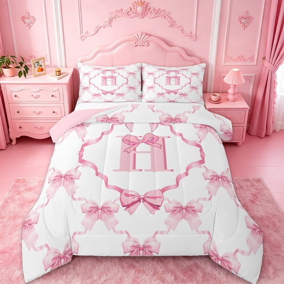 Manfei Aesthetic Pink Bowknot Full Size Comforter Sets For Kids,Letter H Monogram Letter Bedding Sets For Girly,Pink Reversible,3 Pieces