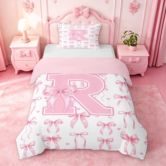 Manfei Aesthetic Pink Bowknot Twin Bedding For Girls,3D Fashion Letter R Monogram Letter Duvet Cover Set For Kids,Pink Reversible,2-Piece(No Comforter)
