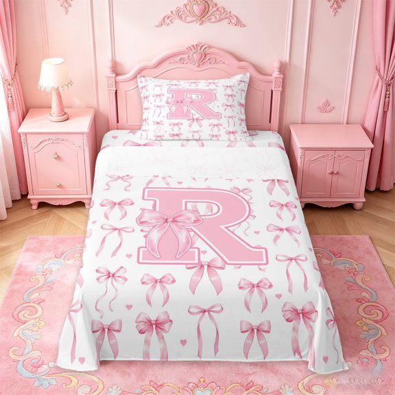 Manfei Aesthetic Pink Bowknot Twin Sheet Sets For Girls,3D Fashion Letter R Monogram Letter Bedding For Kids,3-Piece
