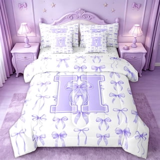 Manfei Aesthetic Ribbon Bow 7-Piece Twin Bedding Sets For Kids,Letter H Monogram Letter Bedding Comforter Set For Girl,Reversible